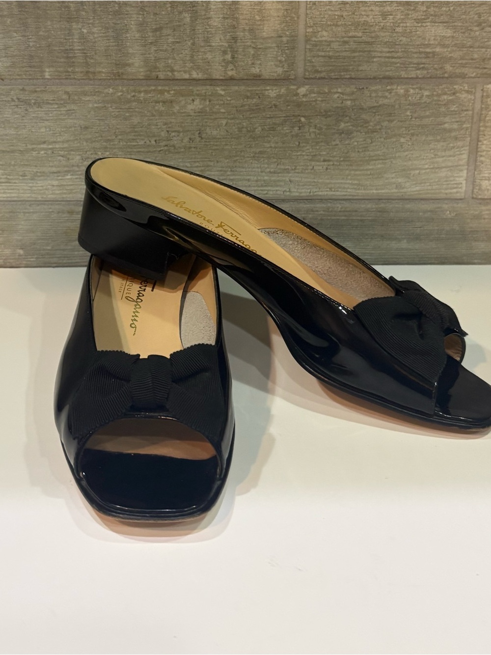 Salvatore Ferragamo Black Patent Peep-Toe Bow Mules